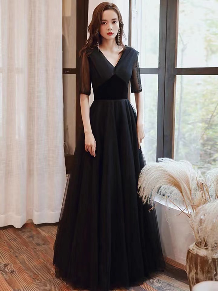 V-neck prom dress,black evening dress,custom made