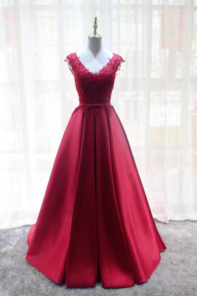 Red Party Dress,v-neck Evening Dress,elegant Satin Prom Dress ,custom Made