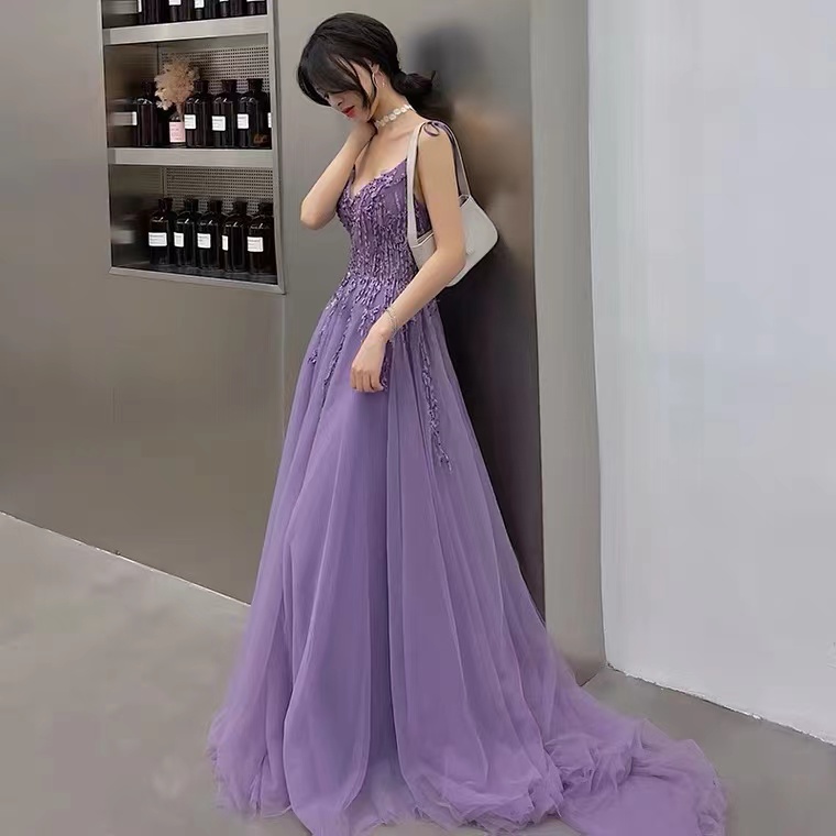 Spaghetti Strap Prom Dress,purple Party Dress,romantic Evening Dress,custom Made