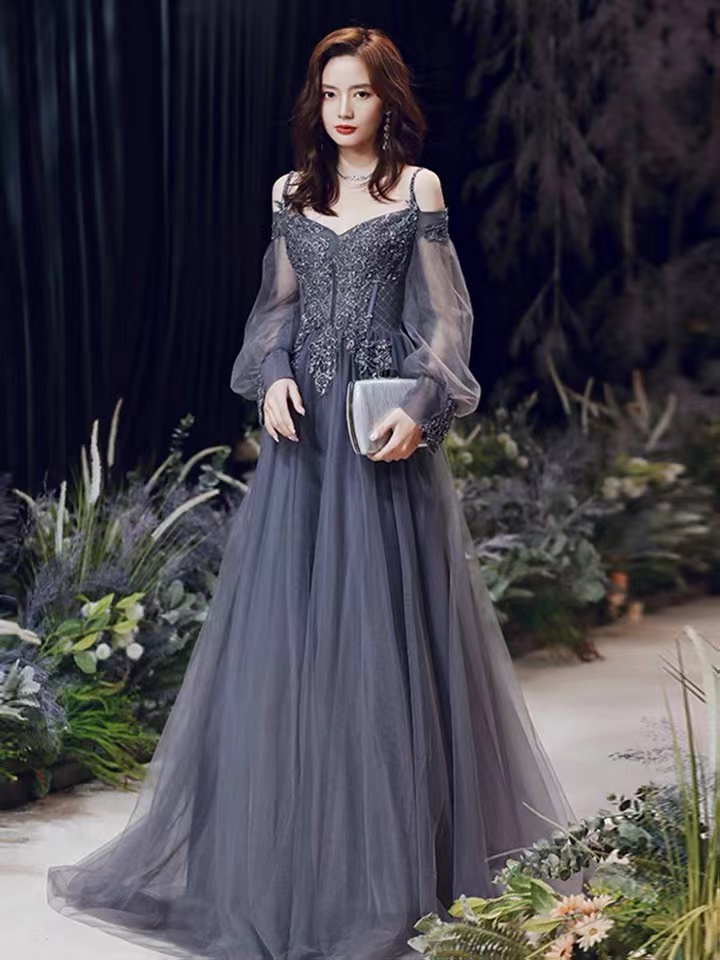 Long Sleeve Prom Dress,gray Party Dress,elegant Evening Dress,custom Made
