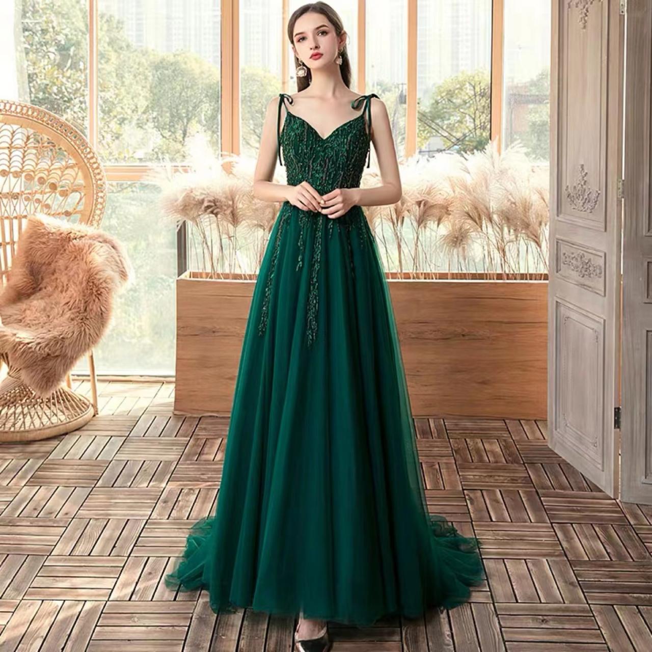 Spaghetti Strap Evening Dress,green Elegant Prom Dress,custom Made