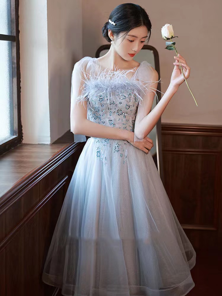 blue feather homecoming dress Long Sequin Formal Gown with Feather Skirt main image 1