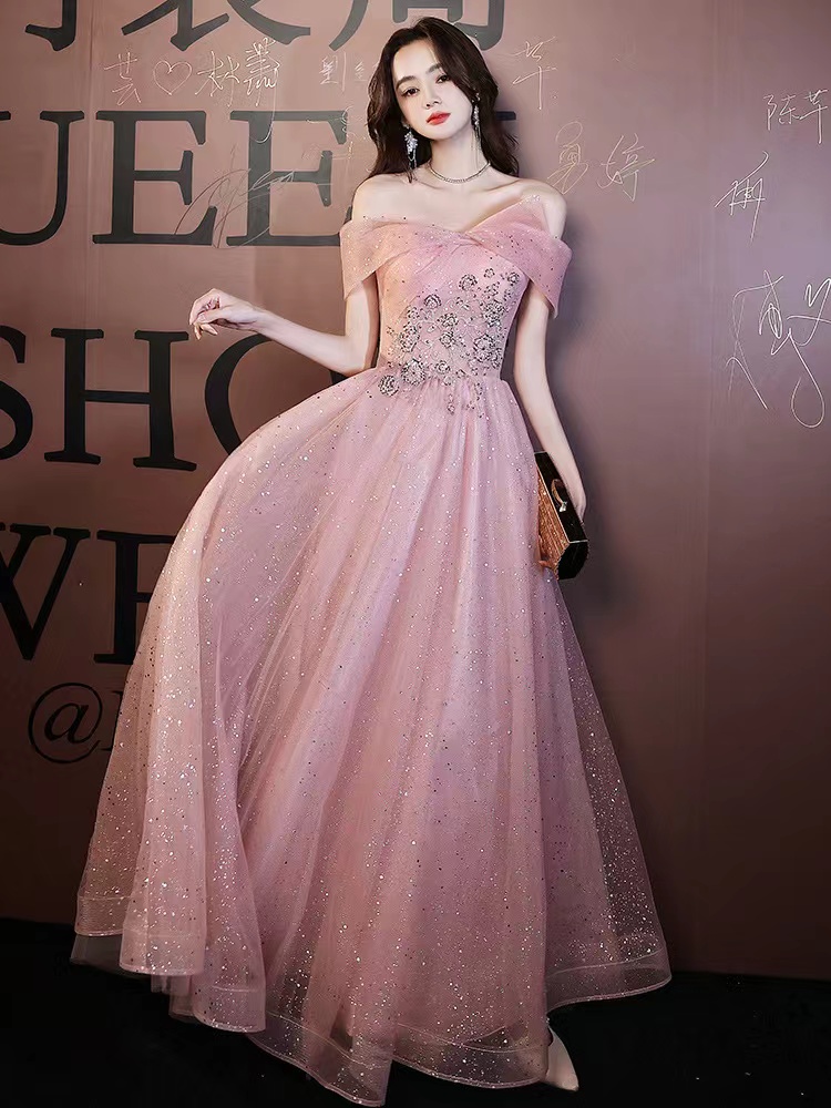 Off-the-shoulder Evening Dress, Pink Fairy Bridesmaid Dress,custom Made