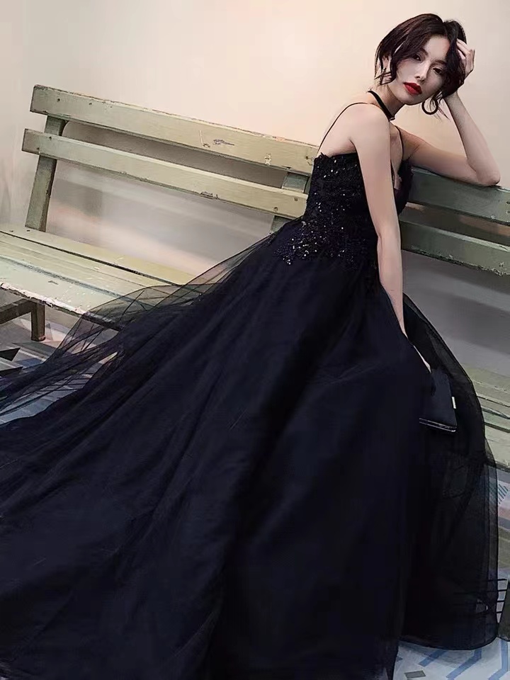 Black Evening Dress,spaghetti Strap Party Dress,custom Made