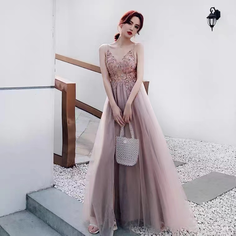 Pink Evening Dress,spaghetti Strap Party Dress,sexy Slit Prom Dress,custom Made