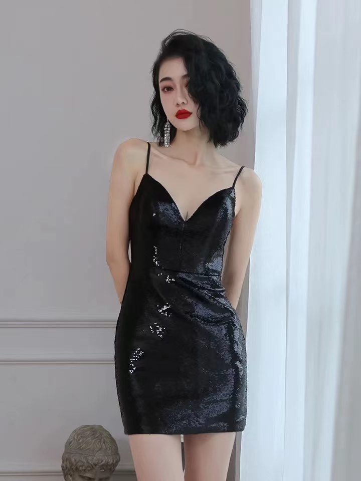 Spaghetti Strap Party Dress,black Dress ,sexy Homecoming Dress,sequin Graduation Dress,custom Made