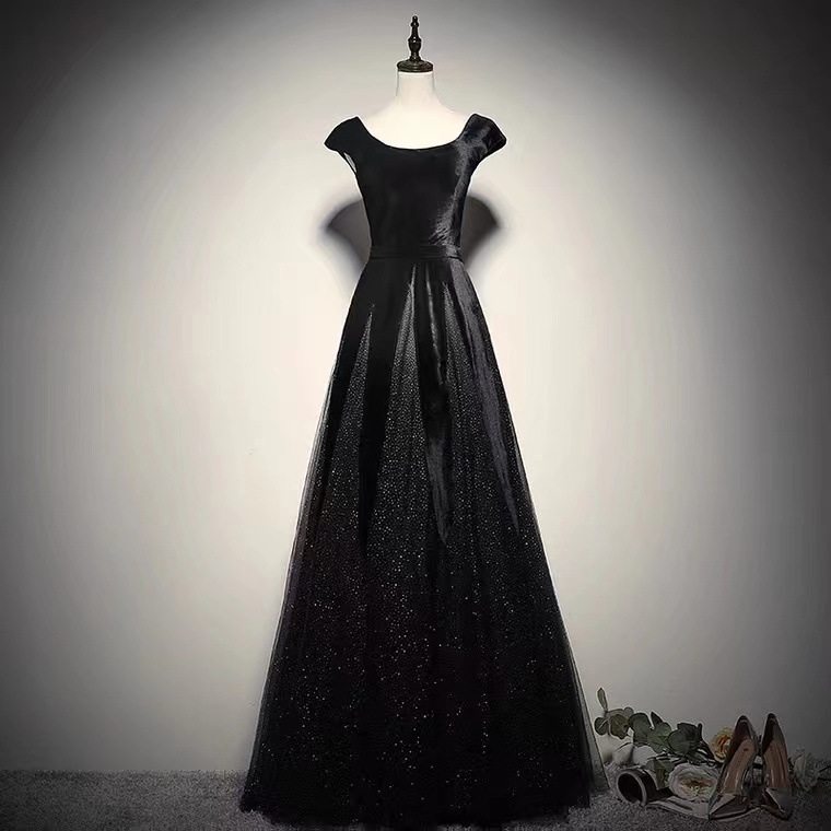 Black Dress, Elegant Formal Dress, Cap Sleeve Evening Dress ,custom Made