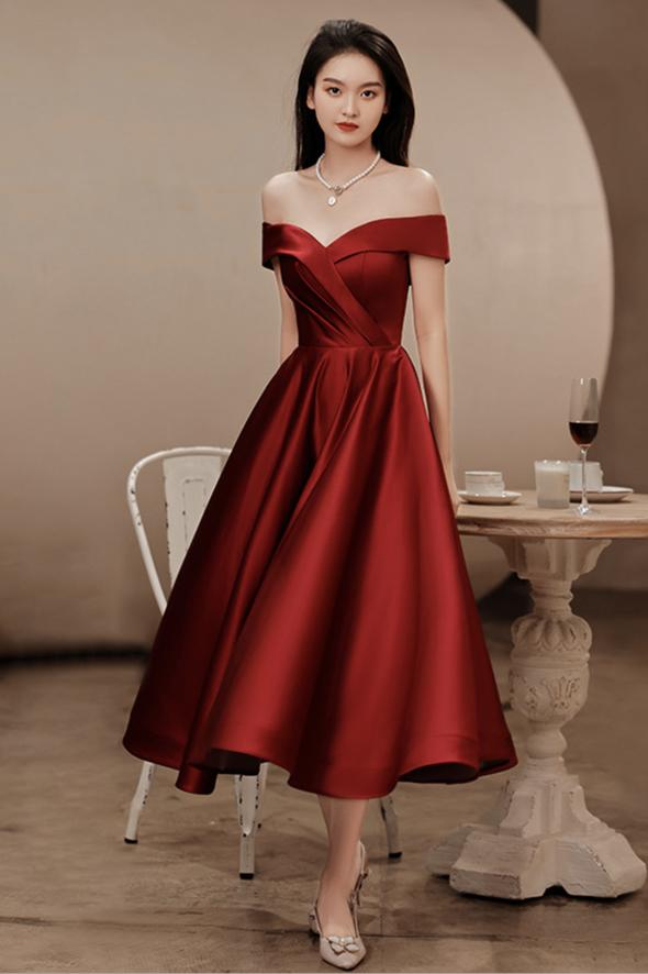 Elegant Burgundy Evening Dresses, Satin Tea Length Bridesmaid Dress, Off Shoulder Short Prom Dresses,custom Made