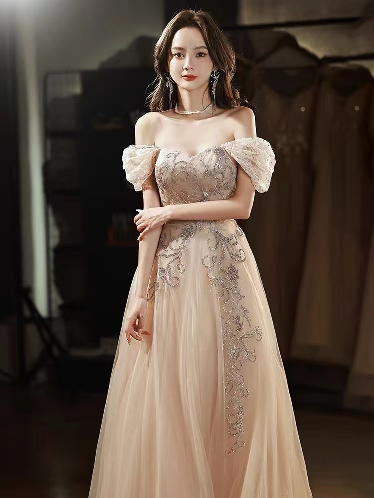 Temperament Light Luxury Evening Dress, Off Shoulder Champagne Prom Dress, Chic Birthday Dress,custom Made