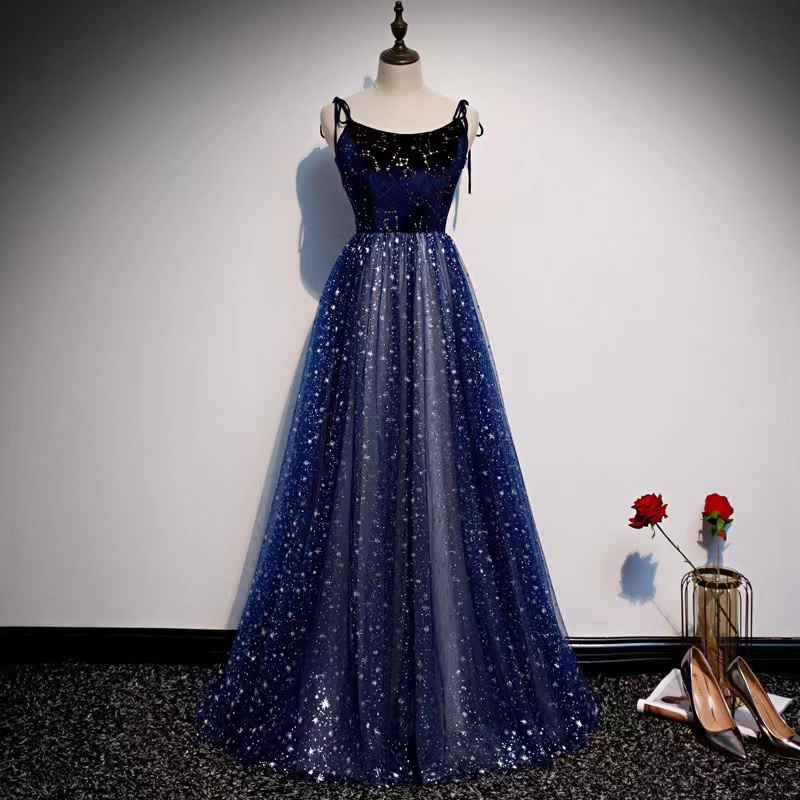 Sexy Fairy Prom Dress, Dreamy Temperament Long Star Evening Dress,navy Blue Spaghetti Strap Party Dress,custom Made Sexy Fairy Prom Dress, Dreamy Temperament Long Star Evening Dress,navy Blue Spaghetti Strap Party Dress,custom Made