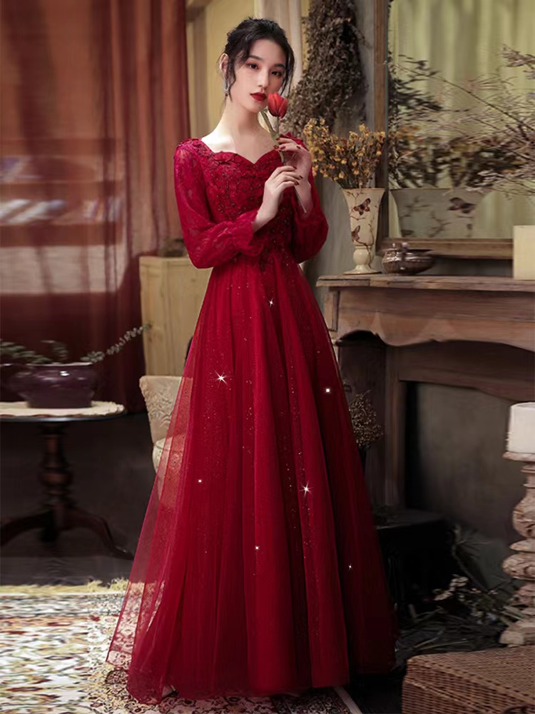 Red Elegant Prom Dress,,long Sleeve Evening Dress,formal Dress,custom Made