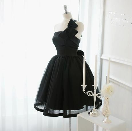 Elegant Ball Gown Short Organza Black Prom Dress With Bow, Black Prom Dresses,one Shoulder Homecoming Dresses, Cute Bridesmaid Dresses,custom