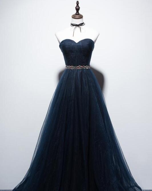 Pretty Navy Blue Tulle Evening Dress, Charming Formal Gown, Strapless Prom Dress,custom Made