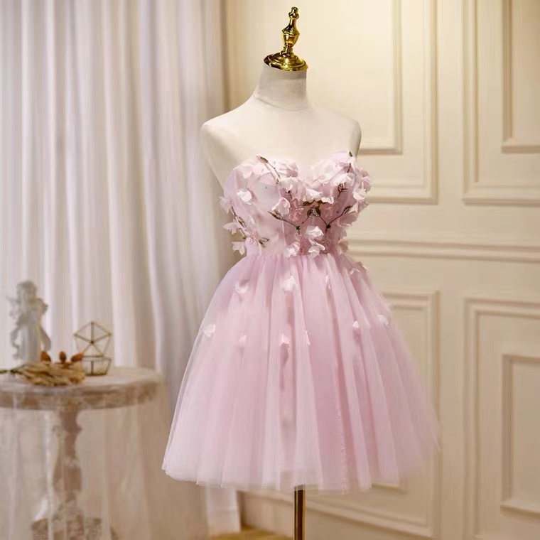 Pink Strapless Homecoming Dress,cute Cocktail Dress, Birthday Party Dress With Applique,custom Made