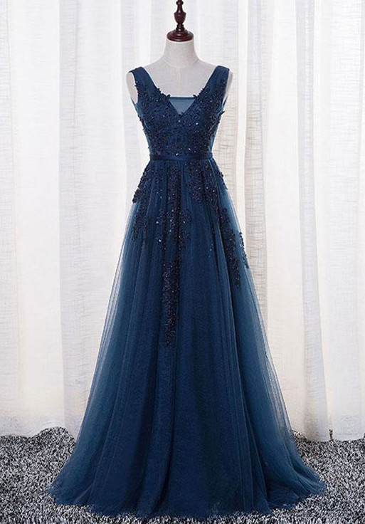 Beautiful Navy Blue Long Prom Dresses , V-neck Formal Gowns, Navy Blue Bridesmaid Dresses,custom Made