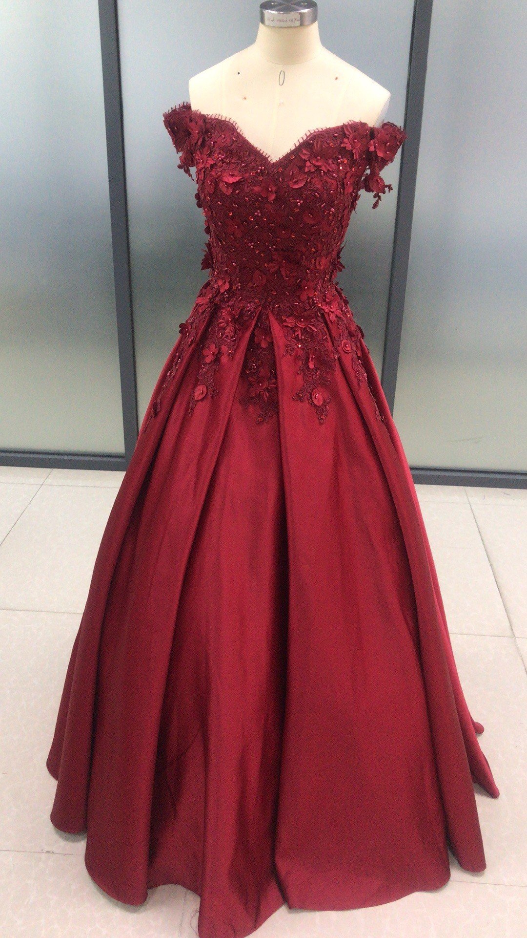 Dark Red Satin Off Shoulder Lace Applique Floor Length Prom Dress, Wedding Guest Formal Gowns, Off Shoulder Party Dress,custom Made