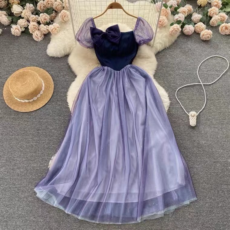 Bow-tied Tulle Bubble Sleeve Dress, Summer Princess Dress