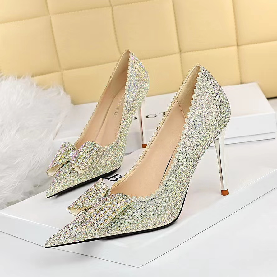 Sweet Lady Shoes, Princess Shoes, Wedding Shoes, Stiletto Heels, Shallow Toe Rhinestone Bow Single Shoes