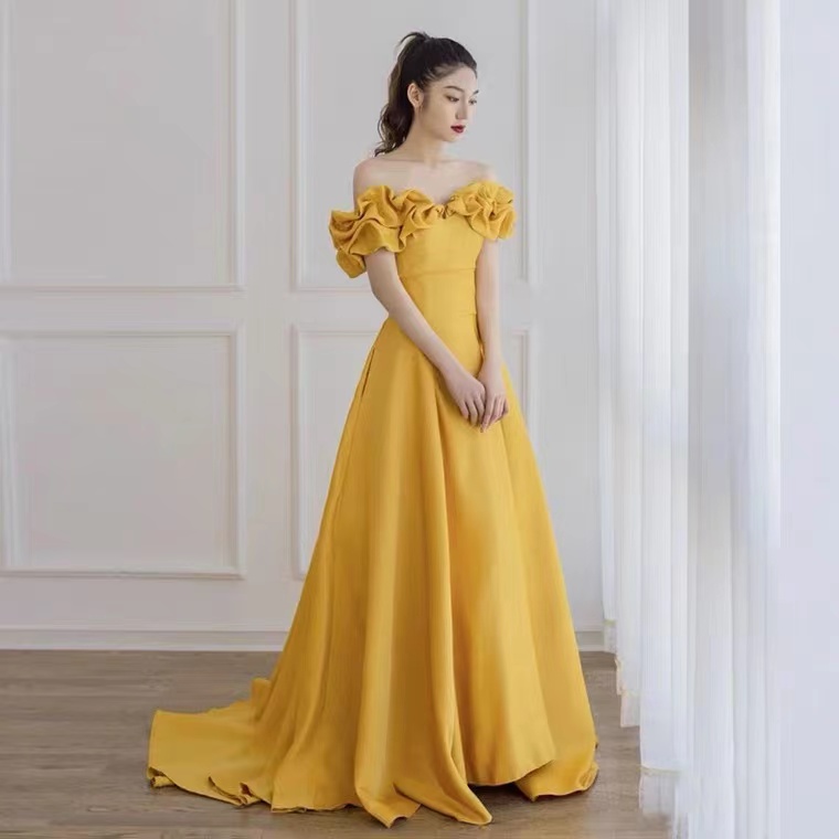 Chic Yellow Party Dress, Off Shoulder Prom Dress, Satin Evening Dress,custom Made