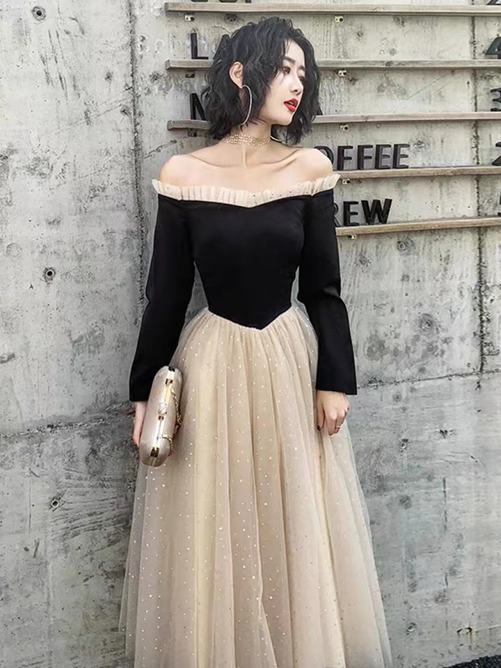 Black Evening Dress, Chic Prom Dress, Long Sleeve Party Dress,chic Birthday Dess,custom Made