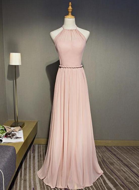 Simple Chiffon Prom Dressmhalter Pink Bridesmaid Dress,sleeveless Long Party Gown,custom Made