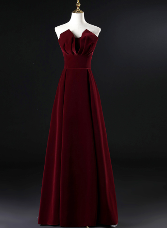 Burgundy Prom Dress,velvet Floor Length Evening Dress,strapless Long Prom Dress,custom Made