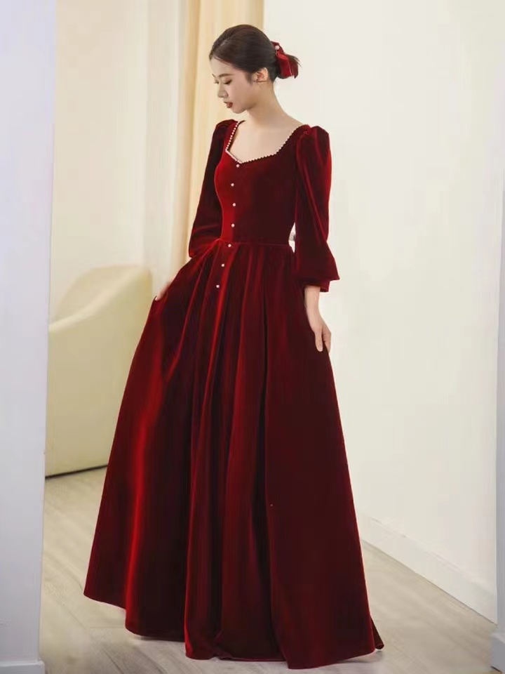 Square Neck Party Dress,red Birthday Dress,velvet Prom Dress,long Sleeve Prom Dress,custom Made