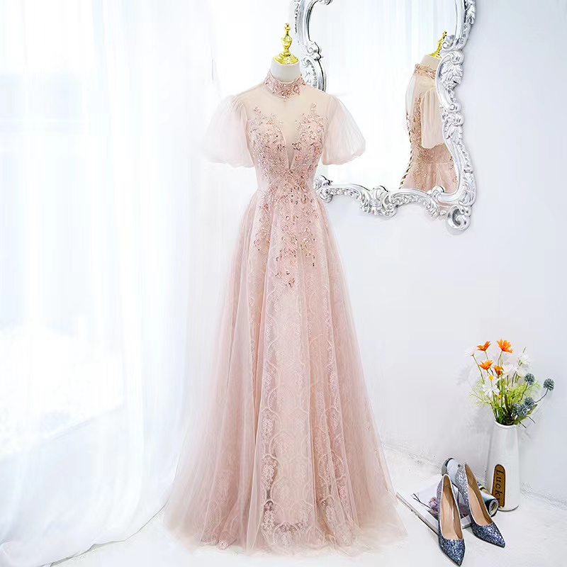 Pink Evening Dress, Fairy Temperament Long Prom Dress, Bead Noble Evening Dress,custom Made