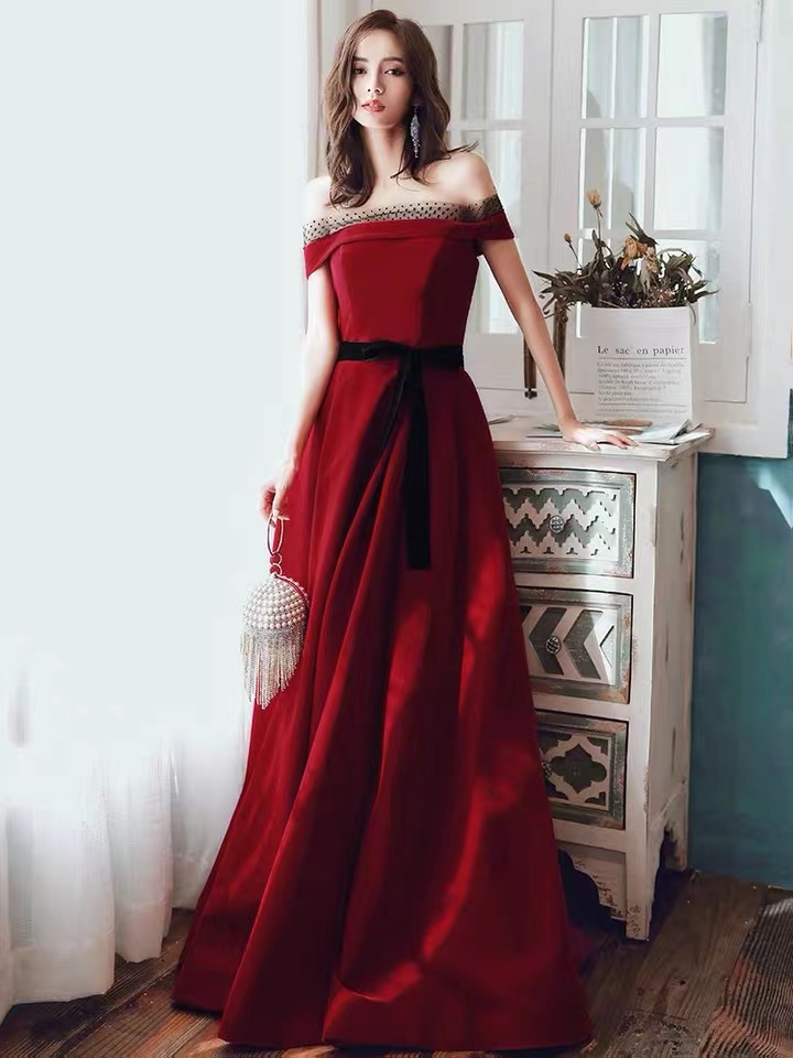 Red Party Dress,off Shoulder Prom Dress,noble Evening Dress,, Velvet Party Dress,custom Made