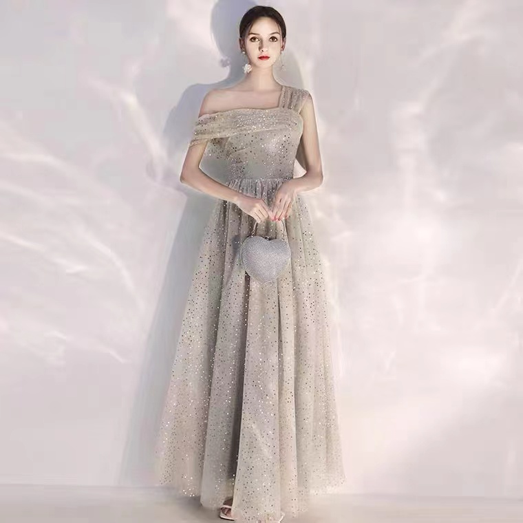 Gray party dress ,one shoulder bridesmaid dress,sequin prom dress, glitter evening dress,custom made