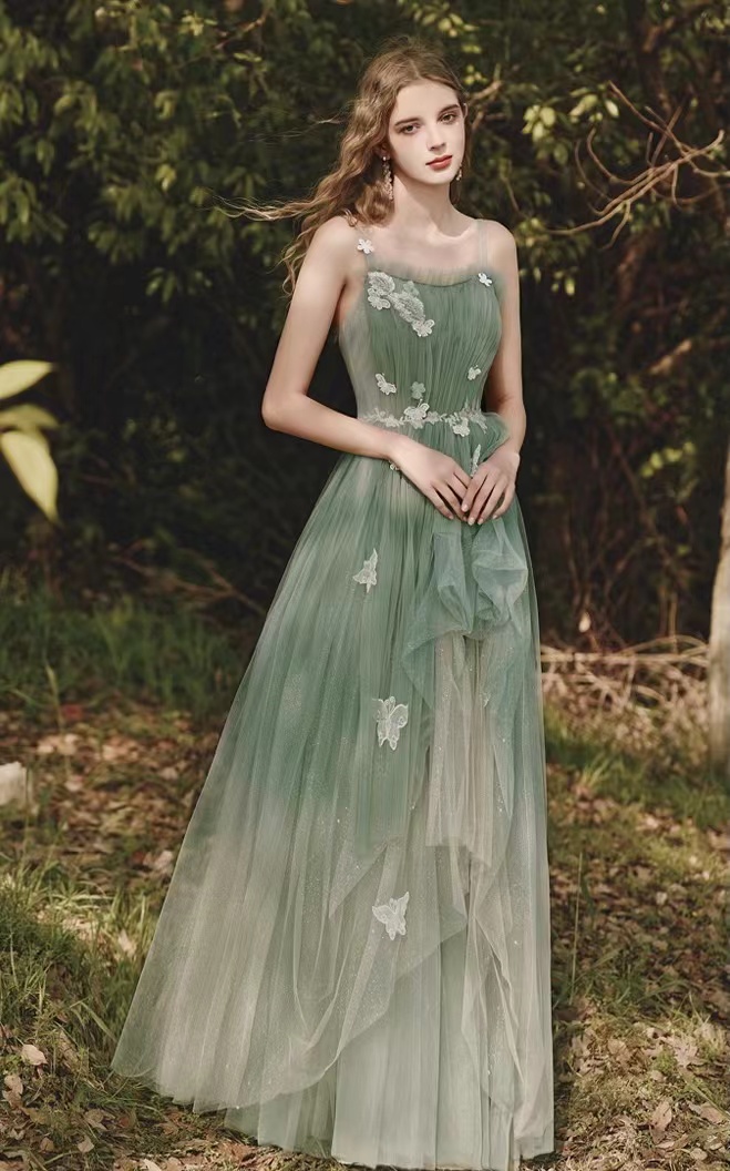 Green Party Dress, Fairy Evening Dress, Spaghetti Strap Prom Dress,custom Made