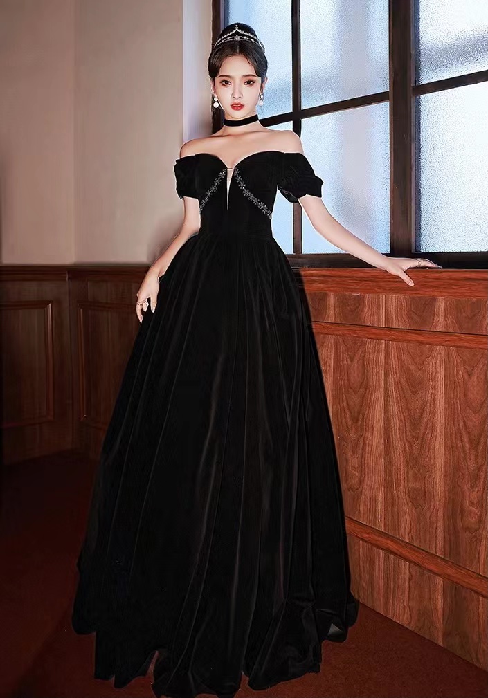 Off Shoulder Evening Dress, Velvet Black Dress, Senior Prom Dress,custom Made
