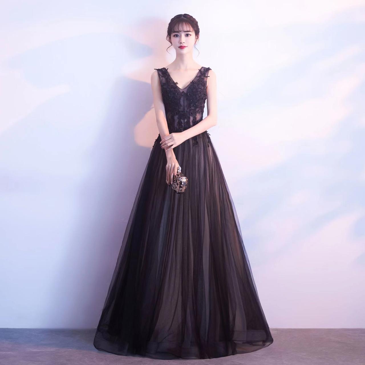 V-neck Black Evening Dress, Noble Prom Dress, Slim Party Dress,custom Made