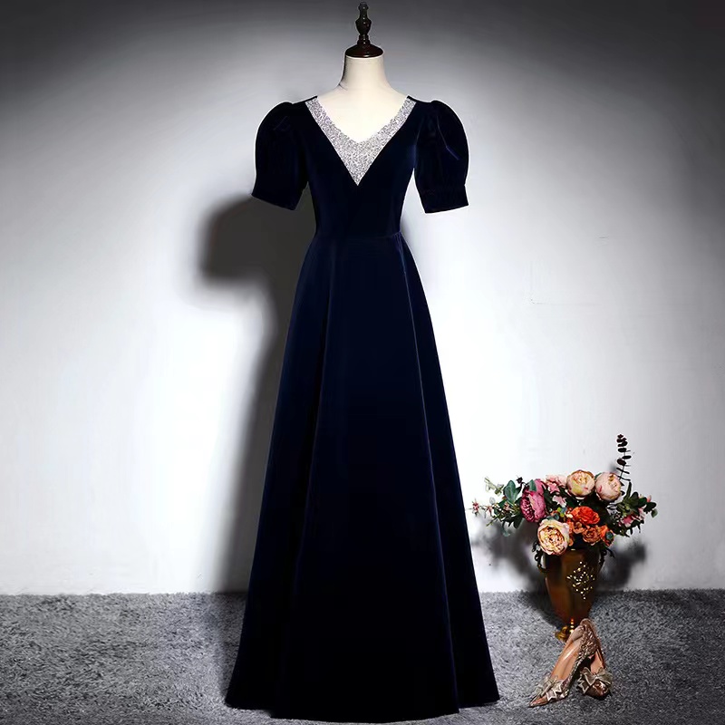 V-neck Evening Dress, Navy Blue Party Dress,elegant Formal Dress,custom Made