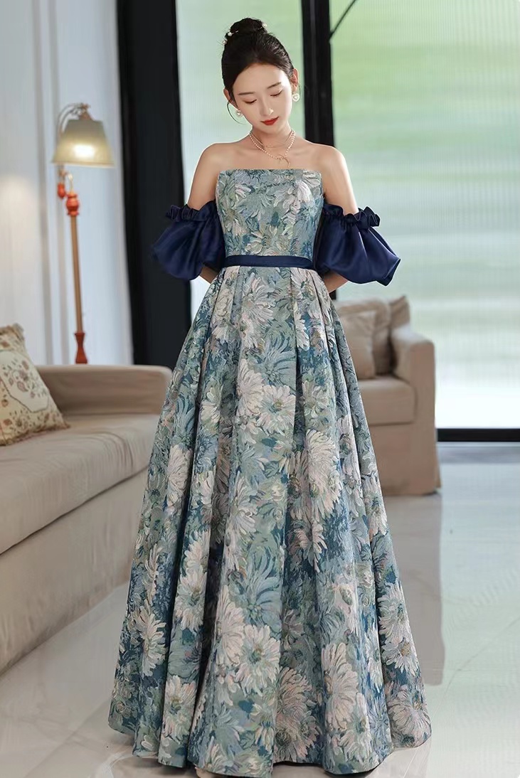 Off Shoulder Evening Dress,luxury Party Dress,unique Prom Dress With Blue Flower,custom Made