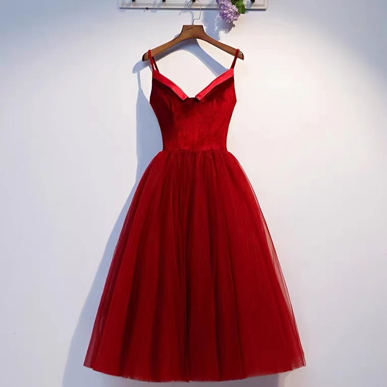 Spaghetti Strap Evening Dress,red Party Dress,velvet Prom Dress,cute Homecoming Dress,custom Made