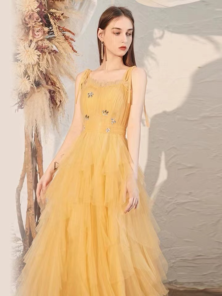 Spaghetti Strap Evening Dress,tulle Prom Dress, Cute Party Dress,yellow