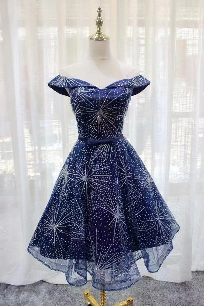 Off Shoulder Prom Dress,navy Blue Party Dress,cute Homeoming Dress,glitter Graduation Dress,custom Made