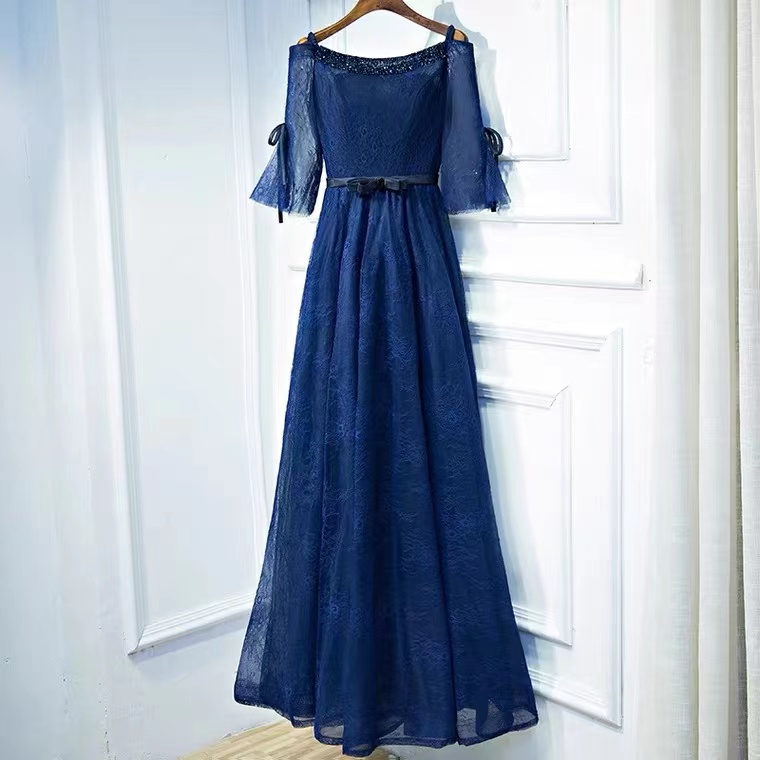 Long Sleeve Prom Dress,navy Blue Party Dress,lace Evening Dress,custom Made