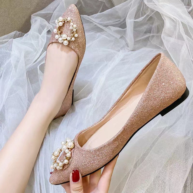 Maternity Shoes, Pearl Pointy Flats, Bridesmaid Low Heels Light Drool Crystal Sequin Single Shoes