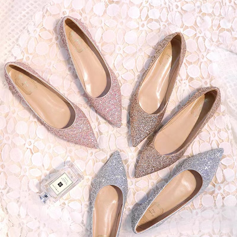 Wedding Shoes, Sequin Flats Female Pointy Single Shoes, Flat Heels Shallow Mouth, Bridesmaid Shoes Banquet Shoes