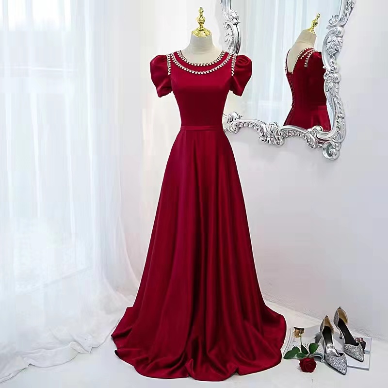 Satin Evening Dress,red Prom Dress,elegant Formal Dress With Bead,custom Made