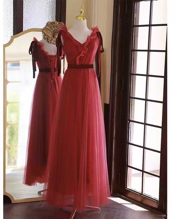 V-neck Evening Dress,red Prom Dress,fairy Party Dress,custom Made
