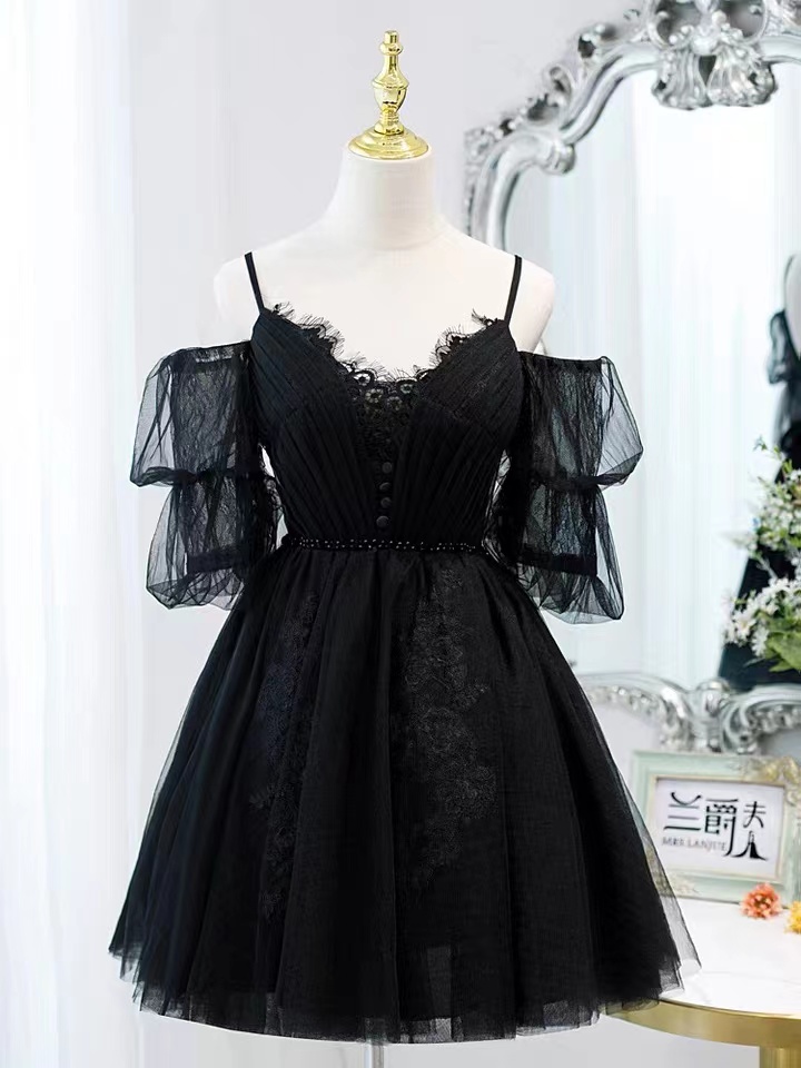 Little black prom dress,cute homecoming dress,spaghetti strap party dress,Custom Made