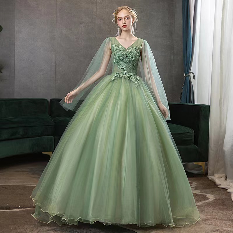 V-neck ball gown dress, green party dress,chic birthday dress,fairy graduation dress,Custom Made