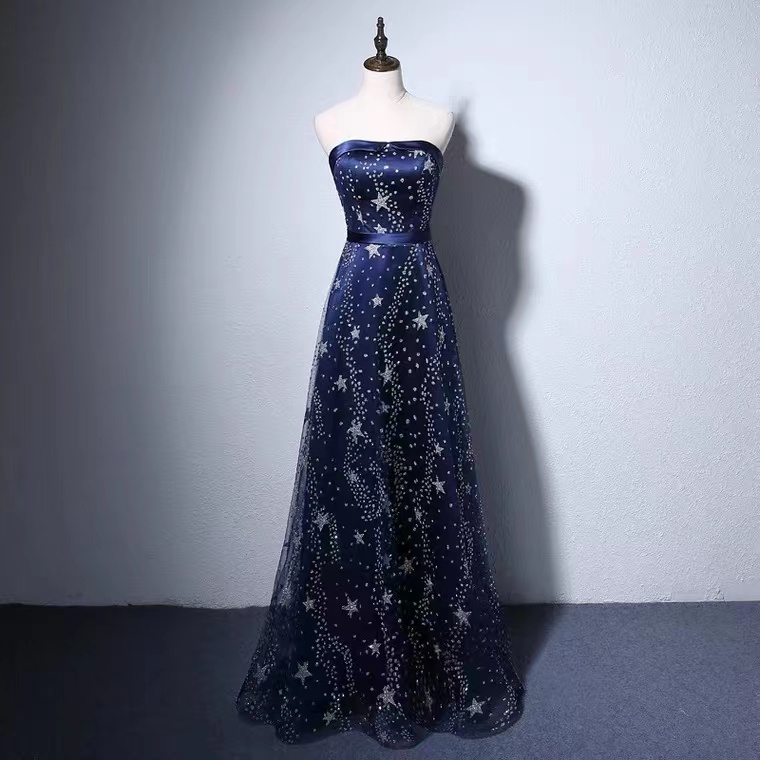 Navy Blue Evening Dress, Temperament Party Dress, Dream Dress, Glitter Strapless Dress,custom Made