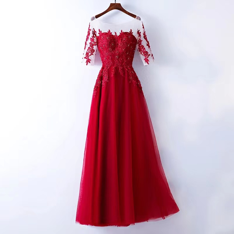 O-neck Evening Dress, Red Party Dress,mid Sleeve Formal Dress,custom Made