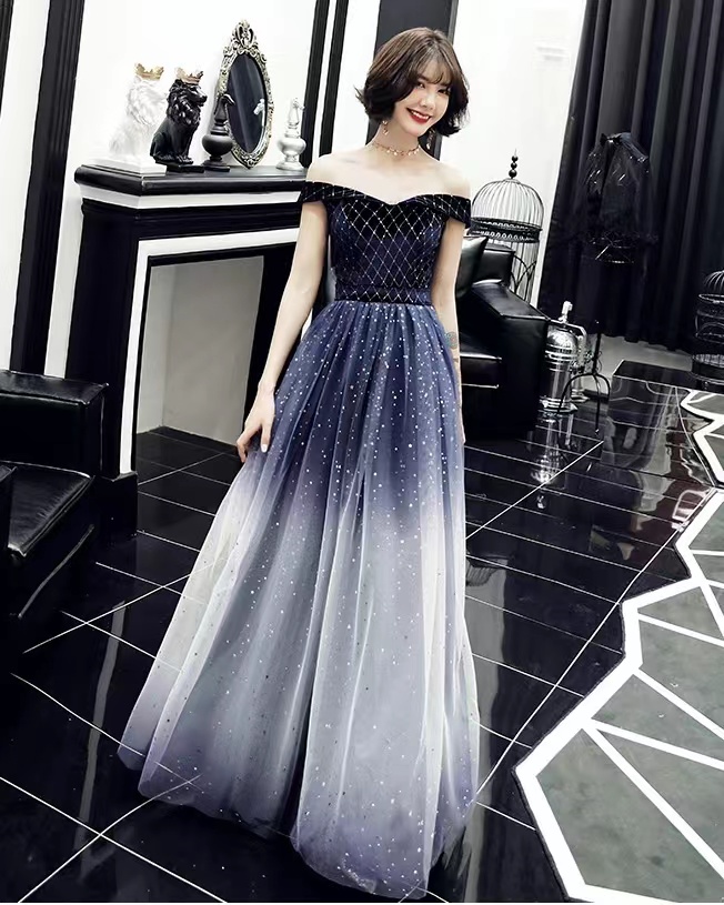 Navy Blue Evening Dress,off Shoulder Party Dress,formal Prom Dress,custom Made