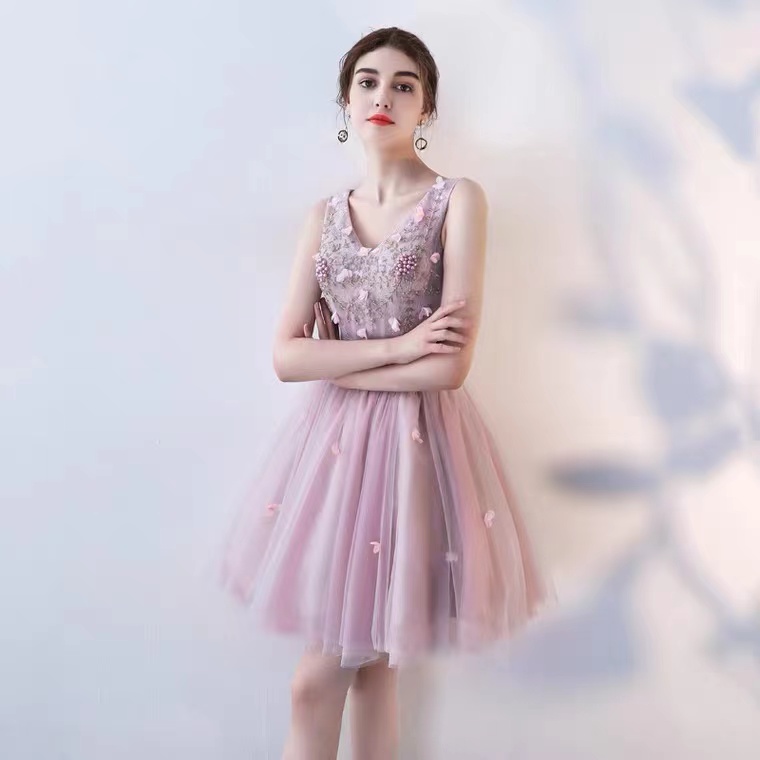 V-neck Prom Dress, Fairy Party Dress,sleeveless Evening Dress,pink Homecoming Dress,custom Made