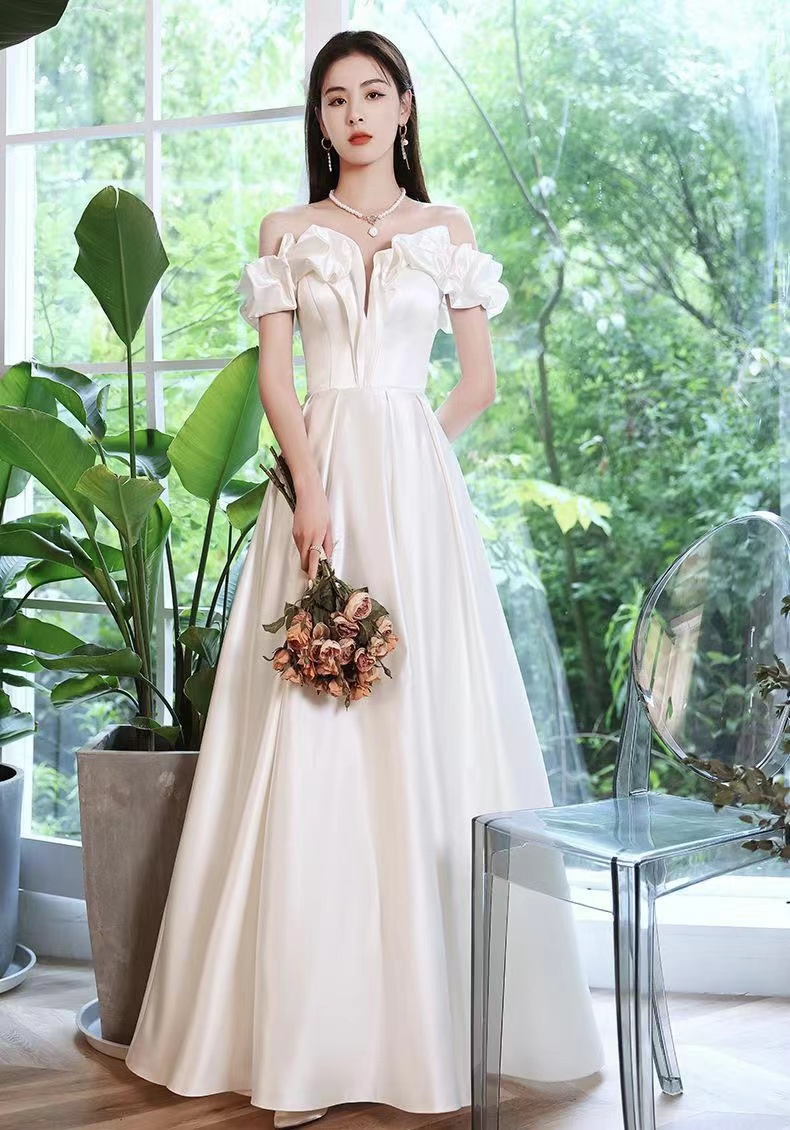 Off Shoulder Light Wedding Dress, Temperament Party Dress, White Satin Prom Dress,custom Made